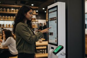 Cliente realizando un pedido en un kiosco de autogestión dentro de un restaurante