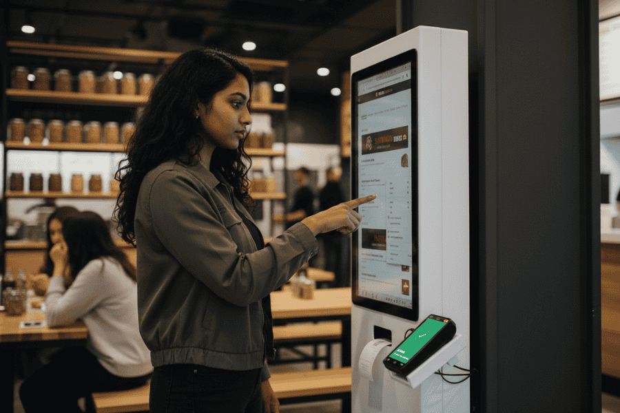 Cliente realizando un pedido en un kiosco de autogestión dentro de un restaurante